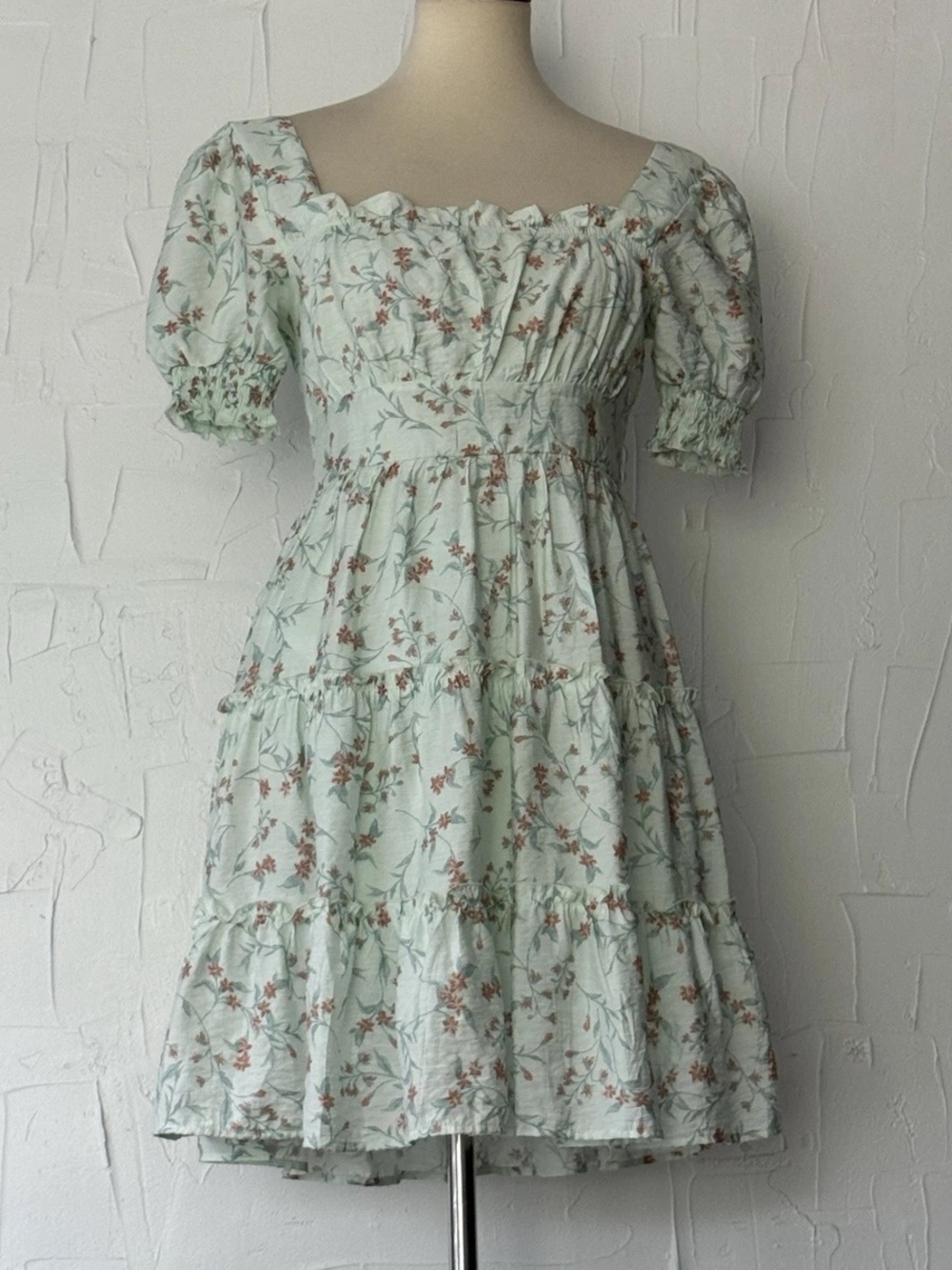 mine Mint Floral Puff-Sleeve Tiered Mini Dress